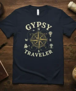Gypsy Traveler t-shirt with vintage compass, hot air balloons, and sailing ship graphics