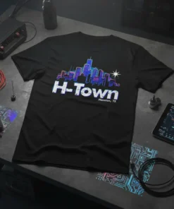 H-Town Houston TX bold graphic design printed on comfortable cotton t-shirt