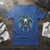 H.M.F.L.C. text above a winged skull graphic with blue lightning, on a blue t-shirt