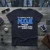 Currently in my H.O.E Phase Happiness Over Everything quote t-shirt, neon blue text, dark blue shirt