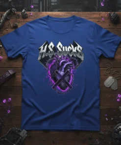 H.S. SUCKS band t-shirt with a stylized heart graphic and "H.S. SUCKS" text in bold silver lettering