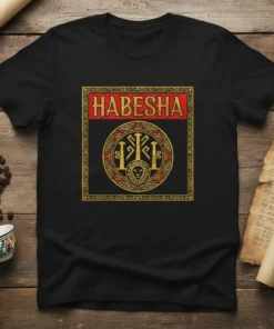 Black t-shirt with "HABESHA" in gold and red, featuring a circular golden design with a lion and cross symbols