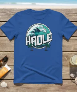 Blue t-shirt with "HADLE" text and a large ocean wave graphic, framed by rope and two palm trees