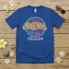Hafa Adai Guam retro t-shirt design with palm trees, ocean waves, and circular neon border
