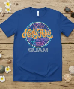 Hafa Adai Guam retro t-shirt design with palm trees, ocean waves, and circular neon border