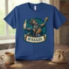 Haggis t-shirt design featuring a joyful Scottish man holding a bottle and haggis, with the word HAGGIS on a banner