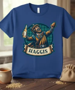 Haggis t-shirt design featuring a joyful Scottish man holding a bottle and haggis, with the word HAGGIS on a banner