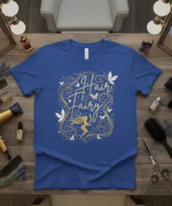 Hair Fairy text design with a silhouette of a fairy and swirling golden hair motifs, on a blue t-shirt