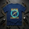 Hair Gangster t-shirt design with golden scissors and text, surrounded by a neon blue circle and stars