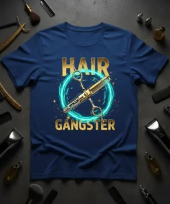 Hair Gangster t-shirt design with golden scissors and text, surrounded by a neon blue circle and stars