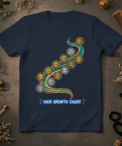 Hair Growth Chart T-Shirt design with circular milestones and braided hair graphic, navy blue tee