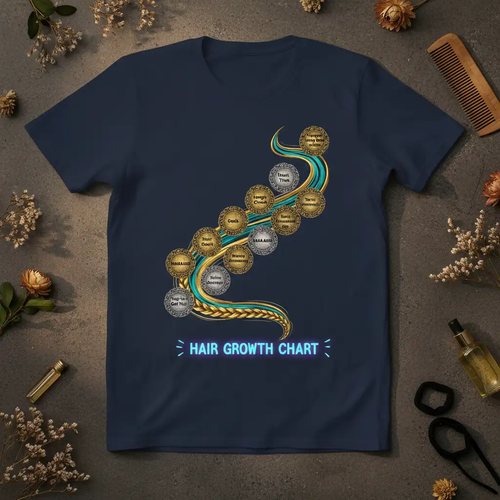 Detailed Hair Growth Chart design with circular milestones and braided hair graphic on navy t-shirt