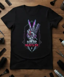 Hair Hustler t-shirt design with scissors and comb forming a peace sign, neon accents, and bold text