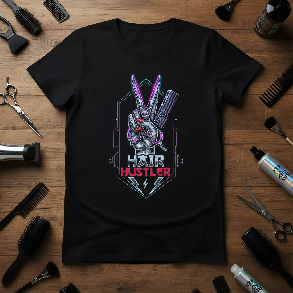 Vibrant Hair Hustler graphic tee showcasing scissors, comb, and neon geometric design