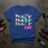 Hair Stylist T-Shirt with a silver and blue lightning bolt design and neon pink "stylist" text