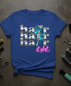 Hair Stylist T-Shirt with a silver and blue lightning bolt design and neon pink "stylist" text