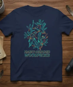 Hairy-Headed Woodpecks graphic t-shirt design featuring outline illustration of birds on branches with text below