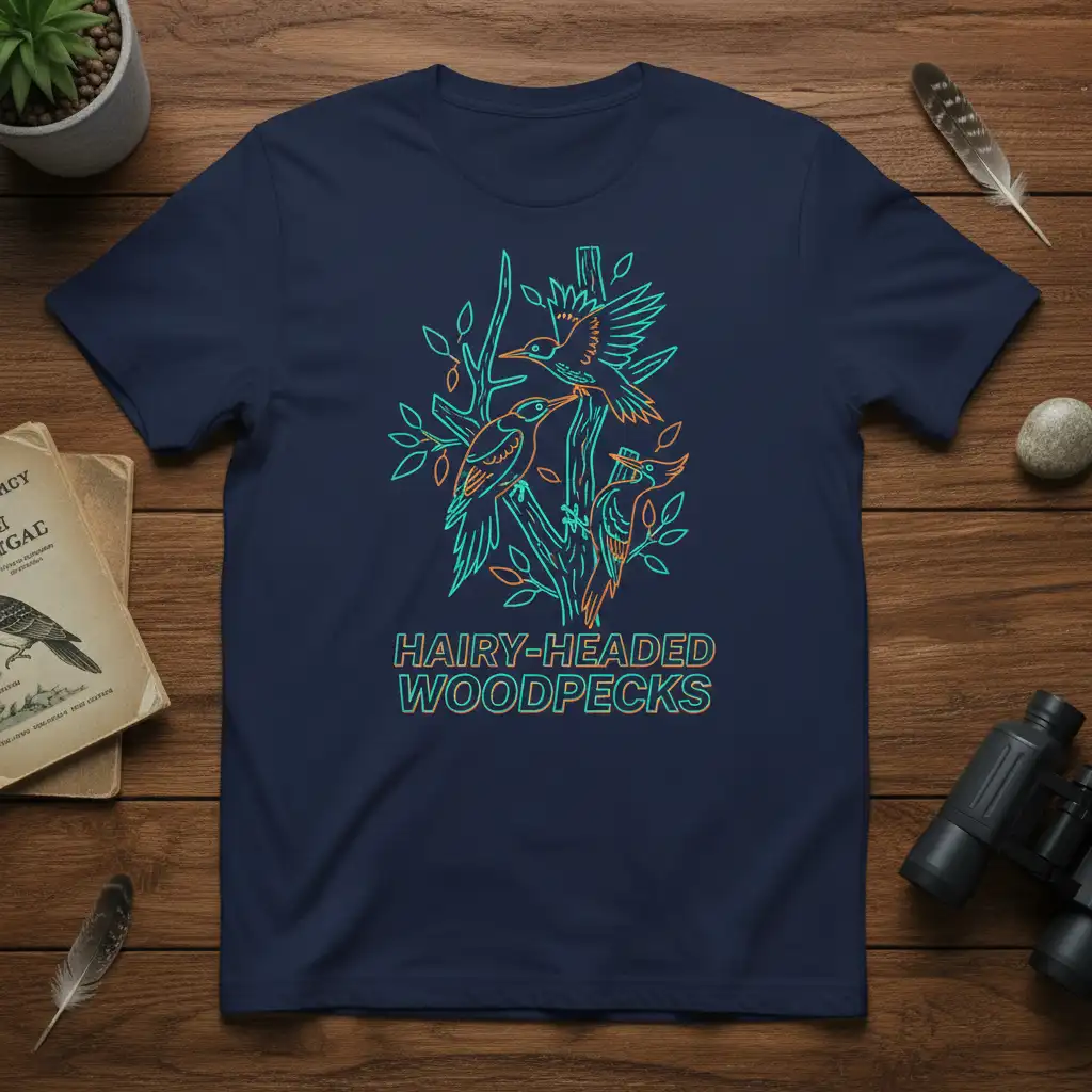Hairy-Headed Woodpecks text and graphic illustration of birds on a branch, perfect for bird watchers