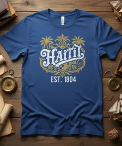 Haiti EST. 1804 vintage t-shirt design with palm trees and ornate gold details