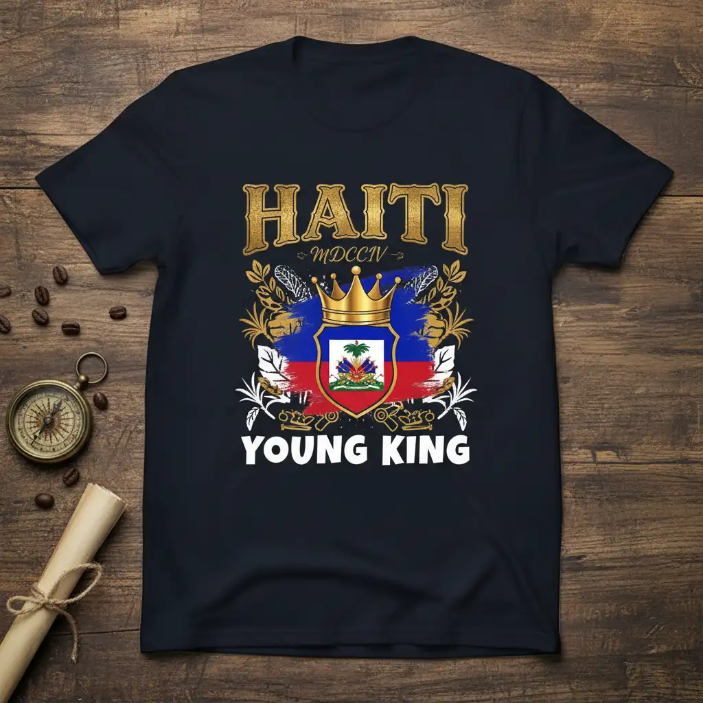 Haiti Young King graphic t-shirt design with Haitian flag and gold crown emblem