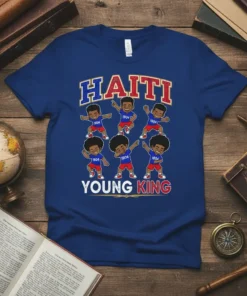 Haiti Young King t-shirt design with cartoon boys dabbing, featuring "HAITI" and "YOUNG KING" text