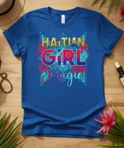 Haitian Girl Magic t-shirt design with bold typography, tropical flowers, and island-inspired patterns