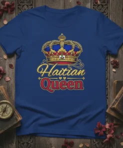 Haitian Queen t-shirt with a golden crown and red and blue accents, featuring the text "Haitian Queen" in gold and