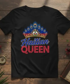 Haitian QUEEN t-shirt design with a crown featuring the Haitian flag and peacock feathers