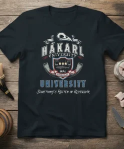 HÁKARL UNIVERSITY SOMETHING'S ROTTEN IN REYKSVÍK stylish graphic design printed on comfortable cotton t-shirt