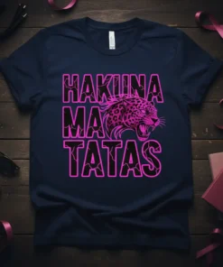 Hakuna Matatas quote with a pink leopard graphic on a navy t-shirt