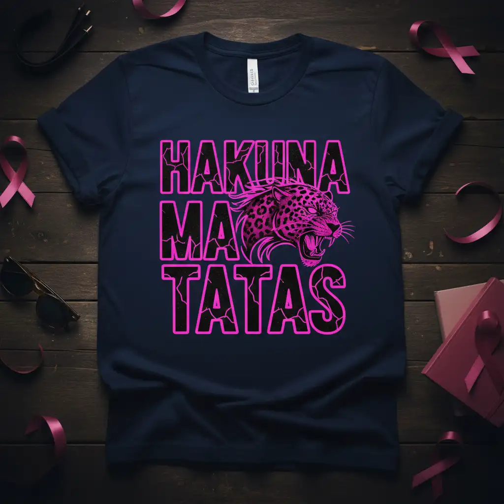 Hakuna Matatas quote and leopard graphic on a navy blue t-shirt