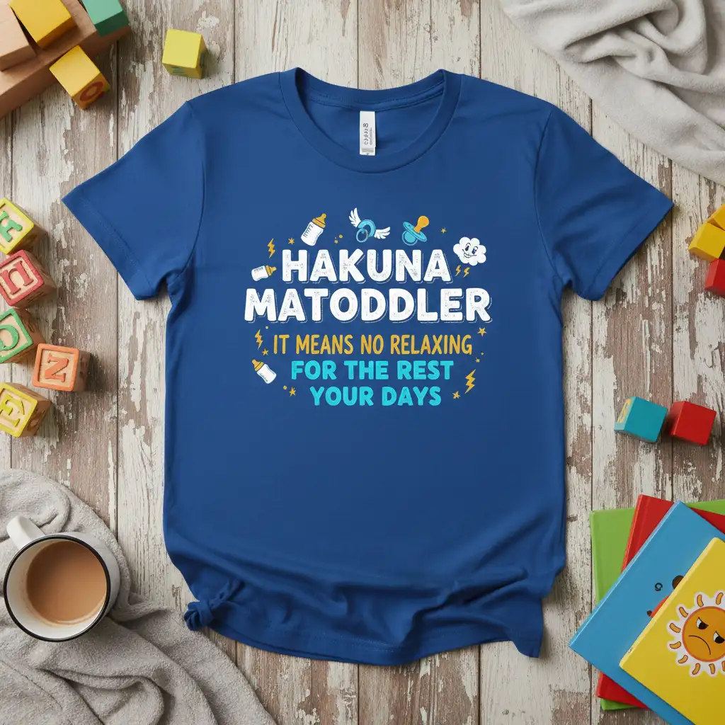 Hakuna Matoddler It Means No Relaxing For The Rest Your Days quote with baby graphics on a blue tee