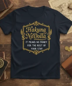 Hakuna NoDollla IT MEANS NO MONEY FOR THE REST OF YOUR STAY text design on a navy t-shirt with gold
