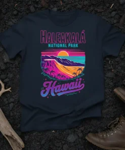 Haleakala National Park Hawaii t-shirt with retro sunset, palm trees, and mountain graphic