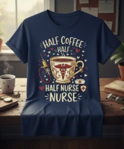 Navy t-shirt with "Half Coffee Half Half Nurse Nurse" text, a coffee cup, syringe, and caduceus symbol