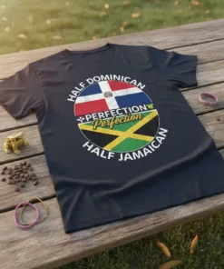 Half Dominican Perfection Half Jamaican T-Shirt with split flags and text graphic
