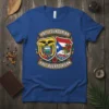 Half Ecuadorian Half Puerto Rican t-shirt with a crest design featuring Ecuadorian and Puerto Rican flags and symbols