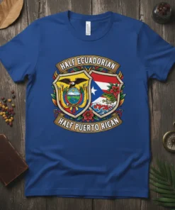 Half Ecuadorian Half Puerto Rican t-shirt with a crest design featuring Ecuadorian and Puerto Rican flags and symbols