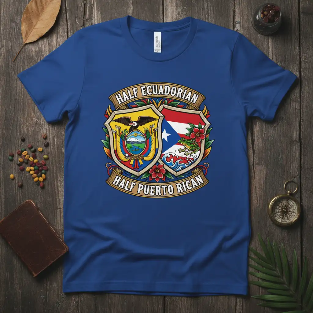 Half Ecuadorian Half Puerto Rican crest design on a blue t-shirt, symbolizing dual national heritage