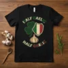 Half Gaelic Half Garlic t-shirt design featuring a shamrock, Italian flag shield, and garlic bulb graphic with distressed text