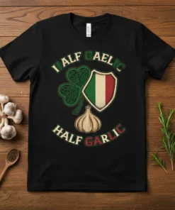 Half Gaelic Half Garlic t-shirt design featuring a shamrock, Italian flag shield, and garlic bulb graphic with distressed text