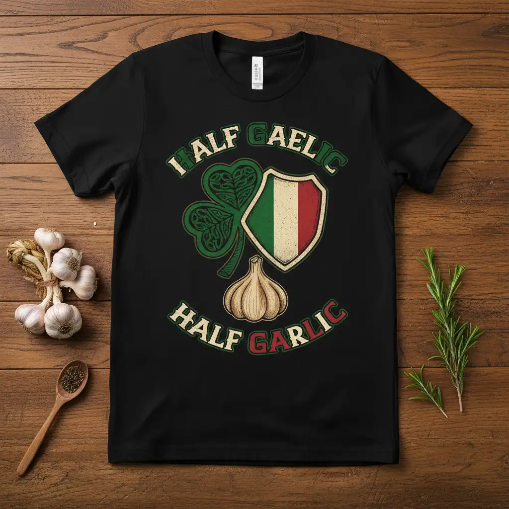 Half Gaelic Half Garlic quote design with shamrock, Italian flag, and garlic illustration on black t-shirt