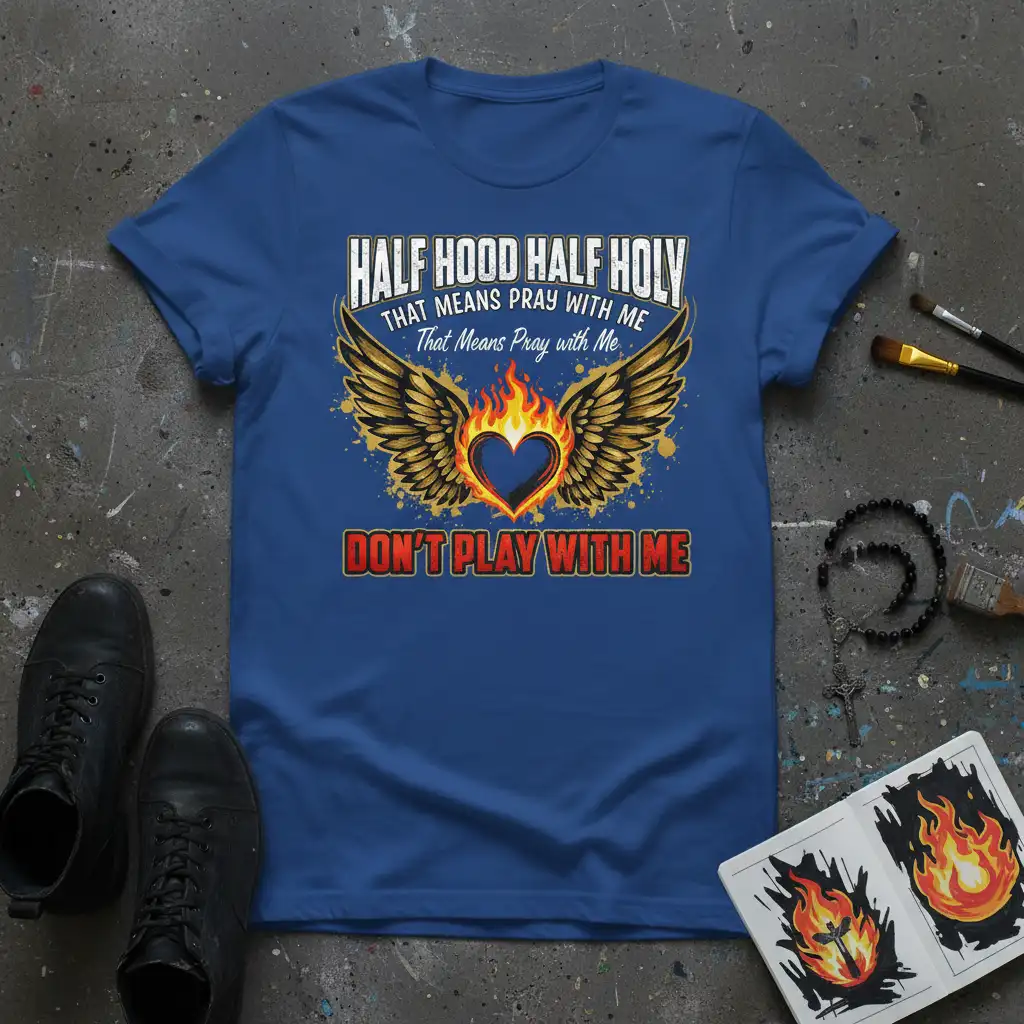 Half Hood Half Holy quote with flaming heart and wings design on a blue t-shirt
