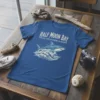 Half Moon Bay California t-shirt design featuring a great white shark breaching through ocean waves