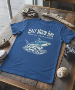 Half Moon Bay California t-shirt design featuring a great white shark breaching through ocean waves
