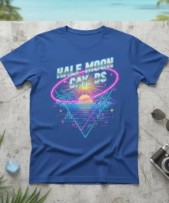 Retro Half Moon Cay, BS t-shirt design with neon sunset, palm trees, and oval border
