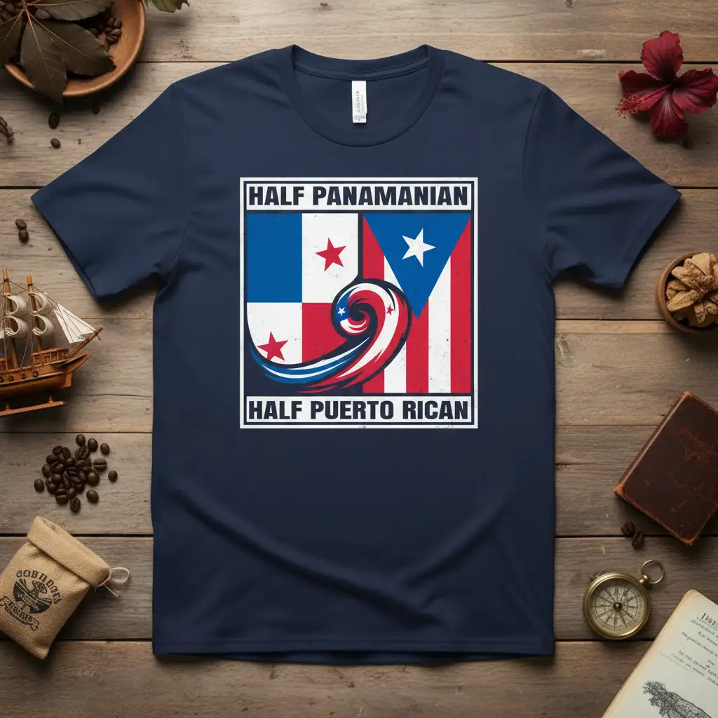 HALF PANAMANIAN HALF PUERTO RICAN heritage design with split Panamanian and Puerto Rican flags