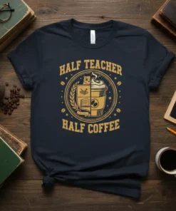 Half Teacher Half Coffee t-shirt design featuring split graphic of books and coffee cup, with distressed text