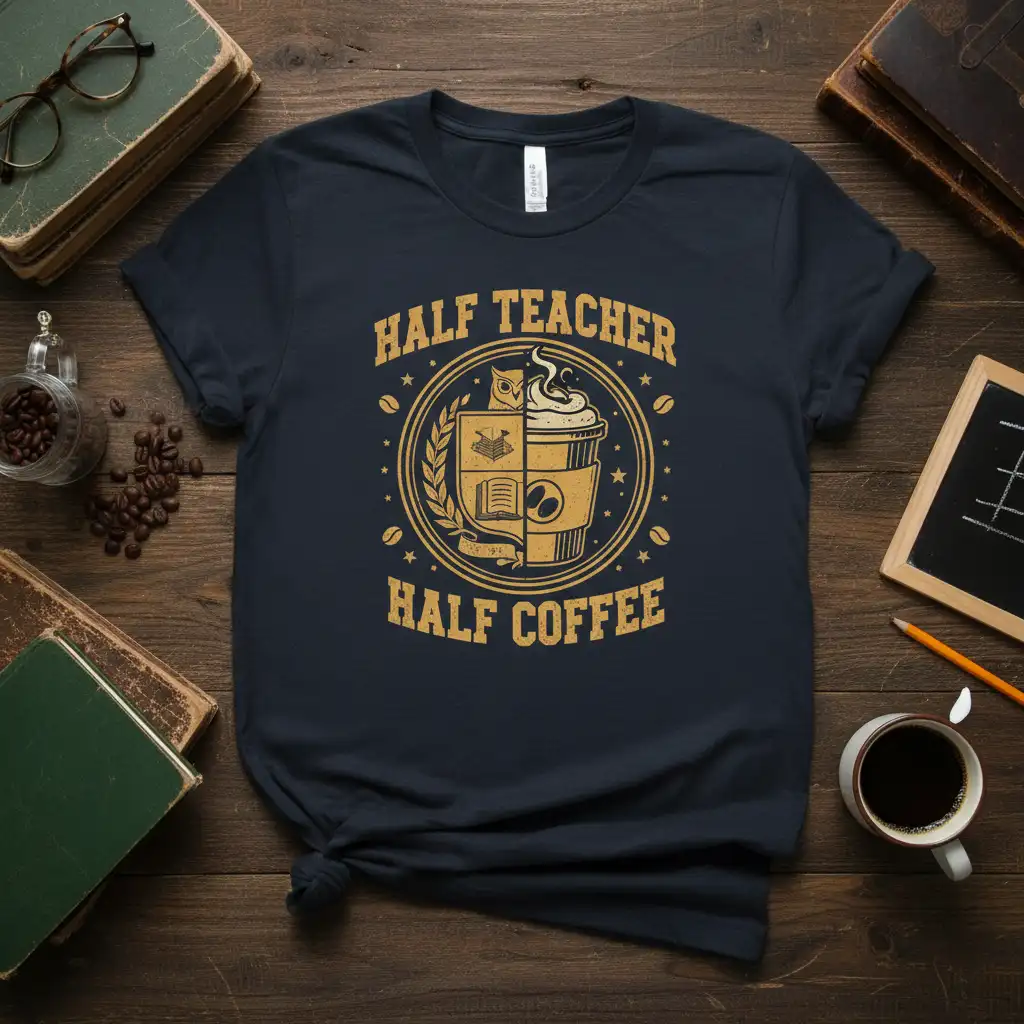 Half Teacher Half Coffee quote design with split graphic of books and coffee cup on a navy t-shirt