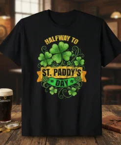 Halfway to St. Paddy's Day T-Shirt with green shamrocks and festive ribbon design